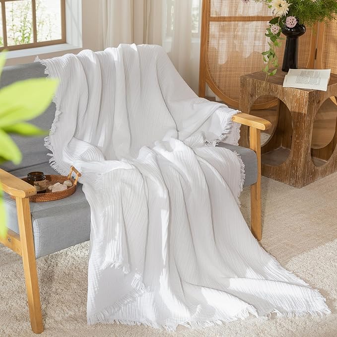 MooMee Muslin Blanket - 100% Cotton 4-Layer Gauze Throw Blanket with All-Around Fringe, Ultra-Soft Breathable Lightweight Cooling Decorative for Bed, Sofa & Couch (Bright White, Queen 90" x 90")