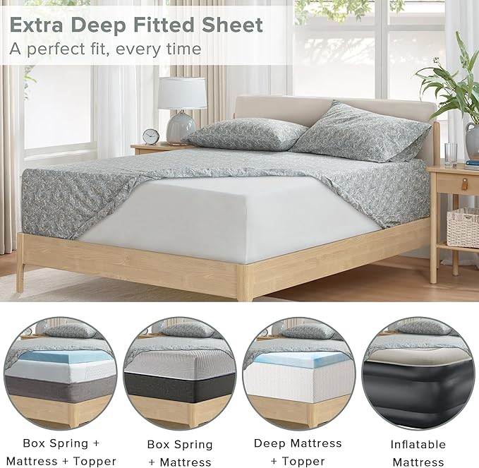 Comfort Spaces Extra Deep Pocket, 100% Cotton Queen Fits up to 24" Mattress, Breathable, Naturally Cool Cotton, Soft Cotton Sheets, All Seasons Sheet Set, Paisley 4 Piece