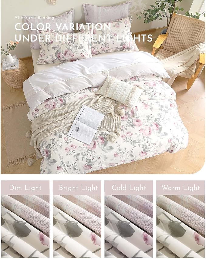 Vintage 100% Cotton Duvet Cover King Size - Dusty Rose & Soft Gray Foliage on White, Blush French Striped Patchwork Reverse, Neutural Bedding Set 3Pcs with Button Closure (King,104"x90")