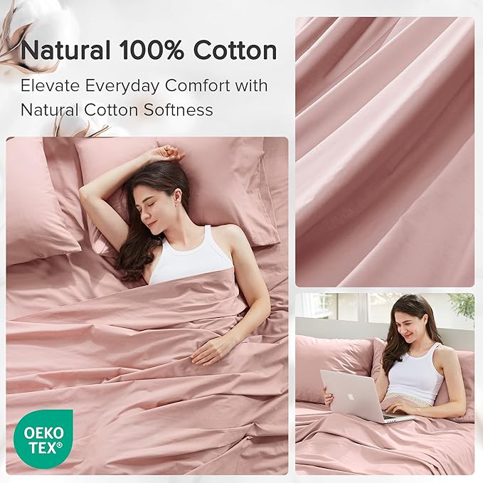 Comfort Spaces 100% Cotton Sheets Cal King, Breathable & Soft Cotton Sheets, Naturally Cool Cotton Bed Sheets with 14" Elastic Pocket Fits up to 16" Mattress, All Seasons Sheet Set, Pink 4 Piece