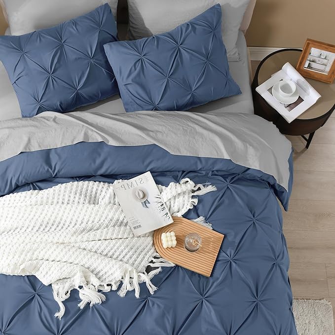 Litanika Ocean Blue California King Pinch Pleat Duvet Cover, 3 Pieces Pintuck Cover Soft Microfiber Bedding Set with Zipper Closure & Corner Ties(1 Duvet Cover, 2 Pillowcases)