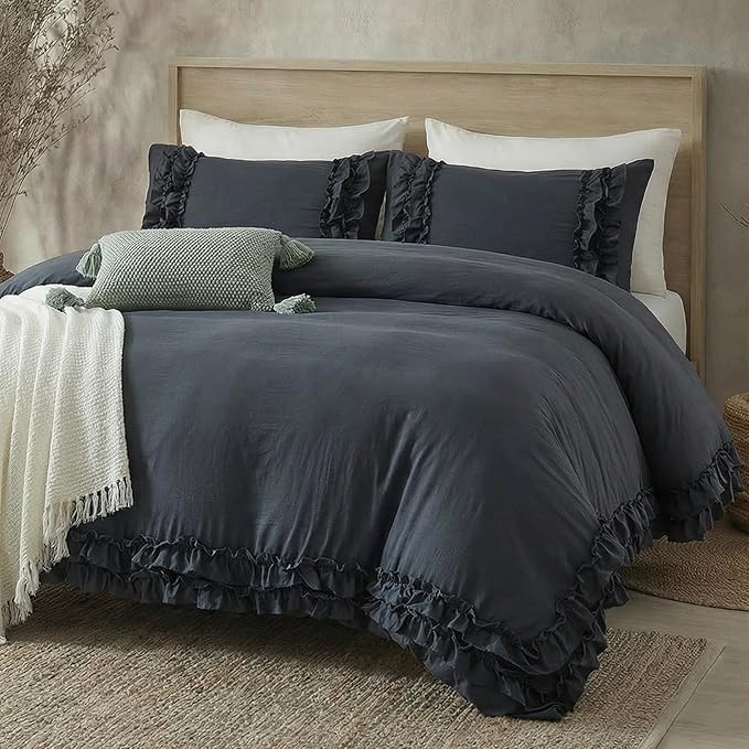 Bedorm Navy Ruffle Duvet Cover Vintage Queen Bedding Set Navy Blue Lace Fringe Ruffled Bedroom Decor Shabby Chic Boho Comforter Cover with Pillowcases
