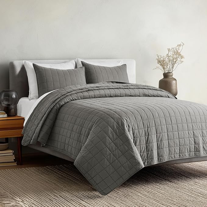 EVERGRACEHOME 100% Cotton Box Stitch Quilt Bedding Set Queen Size 3 Pieces, Garment-Washed Lightweight Soft Cozy Coverlet, Quilted Bedspread Sets with 2 Shams for All Season, Dark Gull Gray