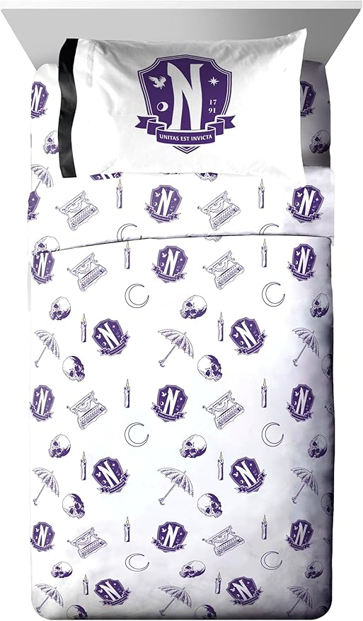 Jay Franco Wednesday Addams Full Comforter Set - 7 Piece Bedding Includes Sheet Set & Pillow Covers - Black and Grey Stripes Super Soft Kids Bedding