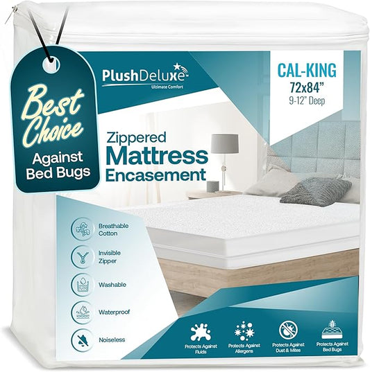 PlushDeluxe Premium 100% Waterproof Mattress Encasement, Breathable Soft Cotton Terry Surface (9"-12" Deep, Cal-King 72X84)