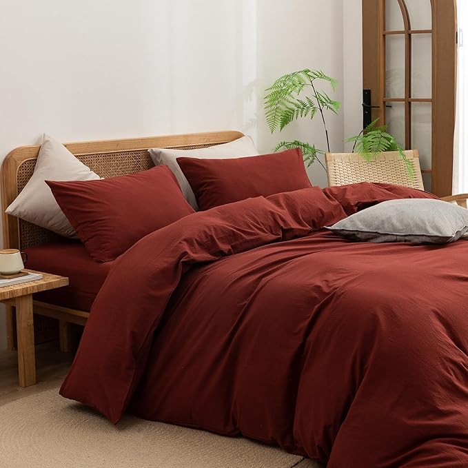 BESTOUCH Duvet Cover Set 100% Washed Cotton Linen Feel Super Soft Comfortable Chic Lightweight 3 PCs Home Bedding Set Solid Fired Brick Red Cal King