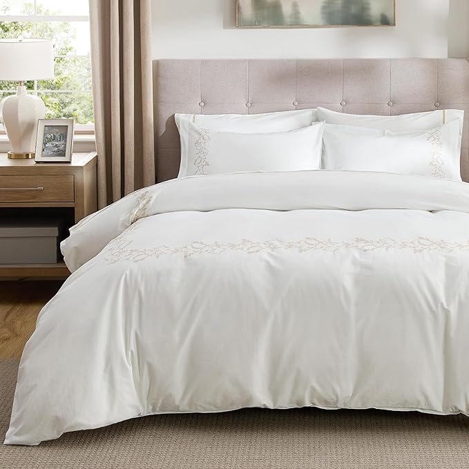 Bedsure Luxury Hotel Duvet Cover King Size, 100% White Cotton Curly Frame Bedding Set, Includes 1 Duvet Cover 104x90 Inches with Zipper Closure & 2 Pillow Shams, Comforter Sold Separately