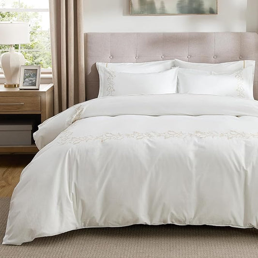 Bedsure Luxury Hotel Duvet Cover Queen Size, 100% White Cotton Curly Frame Bedding Set, Includes 1 Duvet Cover 90x90 Inches with Zipper Closure & 2 Pillow Shams, Comforter Sold Separately