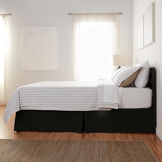 Amazon Basics Lightweight Pleated Bed Skirt, Queen, Black, Solid (Pack of 8)