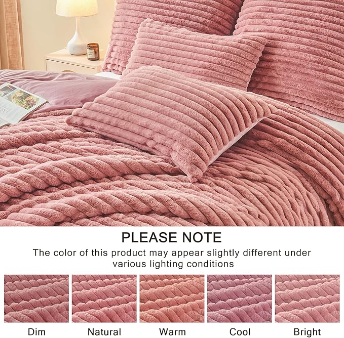 EMME Faux Fur Duvet Cover King Size, 3 Pieces Ultra Soft Fluffy Comforter Cover, Cozy Warm for Winter, Luxury Elegant Shaggy Striped Design Bedding, 1 Duvet Cover & 2 Pillow Shams (King, Old Pink)