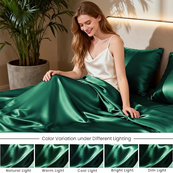 Love's cabin Satin Queen Sheets Set - 4 Piece Dark Green Silky Bed Sheets with Deep Pocket, Luxury Silk Feel Satin Queen Size Sheet Set (1 Flat Sheet,1 Fitted Sheet,2 Pillow Cases)