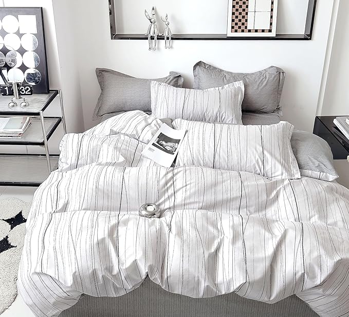Modern Urban 100% Natural Cotton Duvet Cover Sets 3Pcs - Gray Artistic Lines Pattern on White with Textured Light-Gray Reverse, Minimalist Bedding Set with Button Closure(King,104"×90"