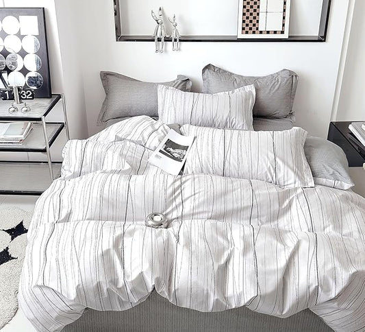 Modern Urban 100% Natural Cotton Duvet Cover Sets 3Pcs - Gray Artistic Lines Pattern on White with Textured Light-Gray Reverse, Minimalist Bedding Set with Button Closure(King,104"×90"