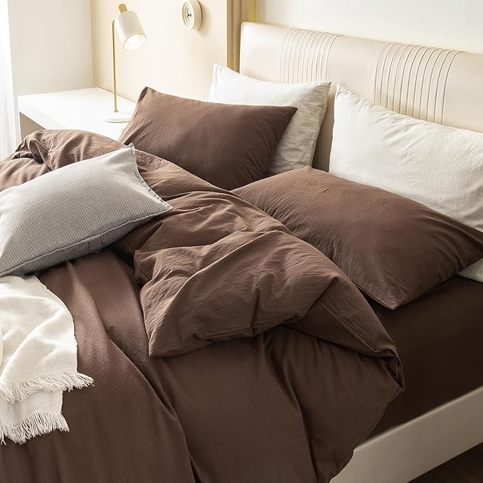 JIYUAN 100% Washed Cotton Duvet Cover Set 3 Pieces Oversized King, 1 Duvet Cover 120x98 Inches(Comforter Not Included) and 2 Pillowcases,Linen Feel Bedding Set Comfy and Breathable,Chocolate Brown