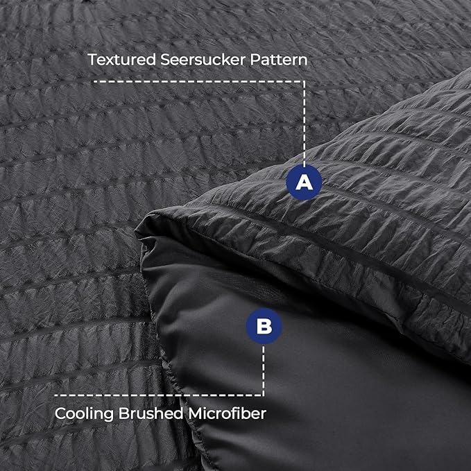 HYMOKEGE Dark Grey Duvet Cover Full Size, Ultra Soft 3-Piece Seersucker Duvet Cover Set with Zipper Closure, Soft Brushed Microfiber Bedding Set with 8 Corner Ties (80"x90", 2 Pillowshams)