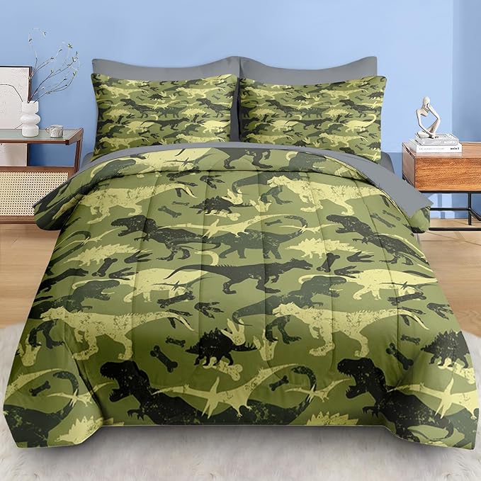 Comforter Set Full Size, Camouflage Dino Dinosaur 7 Pcs Bedding for Kids and Adults, Cute Funny Green Bed Sheet Sets with Fitted Sheet 2 Pillowcases & 2 Shams for Bedroom Bed Decor
