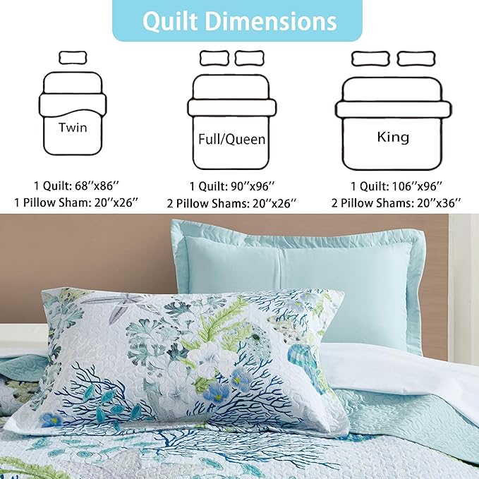 Tritard 3 Piece Coastal Beach Quilt Set King Size Ocean Beach Themed Bedding Set Microfiber Lightweight Bedspread Coverlet with 2 Shams Starfish Coral Seashell Bed Covers for All Season, 106''x96''