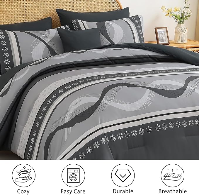 Anibeddin Grey Comforter Set King Size,8 Pieces Boho Bed in a Bag Patchwork Striped Comforter Set, Soft Microfiber Bedding Set for All Season(104"×90")