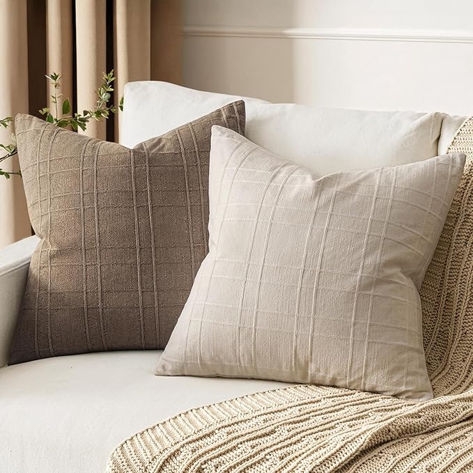 MIULEE Decorative Linen Check Euro Shams Throw Pillow Covers Neutral Farmhouse Vintage Pillow Covers 24x24 Set of 2 Boho Modern Home Decor for Sofa Couch Bedroom Cushion Natural Beige