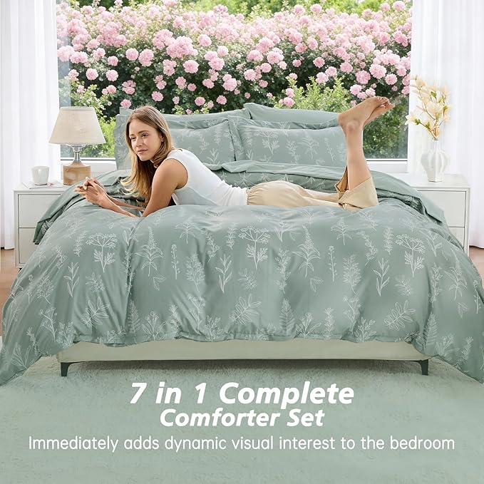 MUXHOMO Twin Comforter Set, Sage Green Elegant Floral Print Bed in a Bag 5 Pieces, Ultra Soft & Breathable Reversible Botanical Pattern Bedding Set with Comforter, Sheets, Pillowcases, and Shams