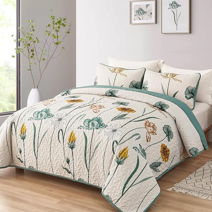 WONGS BEDDING Floral Quilt Set Full,Green Yellow Floral Botanical Bedspread Bedding Set with 2 Pillowcase,Lightweight Spring Farmhouse Coverlet Set for All Season (78"x90")