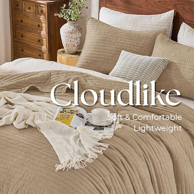 DOWN HOME Cali King Quilt Bedding Set with Shams, Vintage Washed Quilted Blanket Thin Comforter Lightweight Bedspread Coverlet Bed Cover, Brushed Microfiber Stripe Stitching, Brown, 111"x92"
