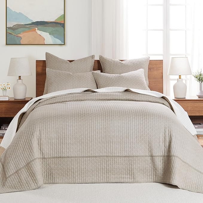 Levtex Home Cross Stitch Reversible King Bedspread Set (120x104in) with 2 Pillow Shams (36x20in) - Stitch Texture - Taupe - Cotton King Size Bedspread Set - Soft, Pre-Washed