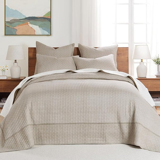 Levtex Home Cross Stitch Reversible King Bedspread Set (120x104in) with 2 Pillow Shams (36x20in) - Stitch Texture - Taupe - Cotton King Size Bedspread Set - Soft, Pre-Washed