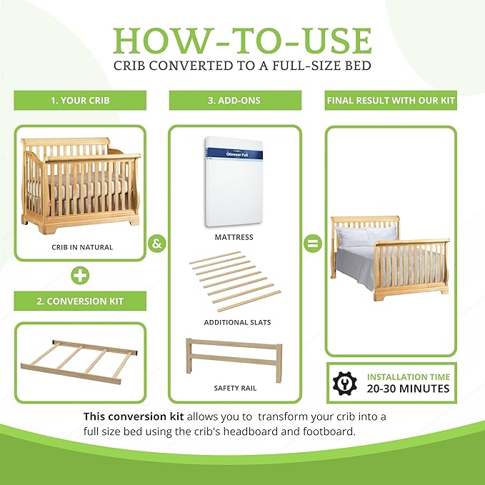 Full-Size Conversion Kit Bed Rails for Baby Cache Convertible Cribs - Solid Wood Rail - Toddler and Adult Bed Rail for Full-Size Beds - Essential Nursery & Baby Furniture (Unfinished)