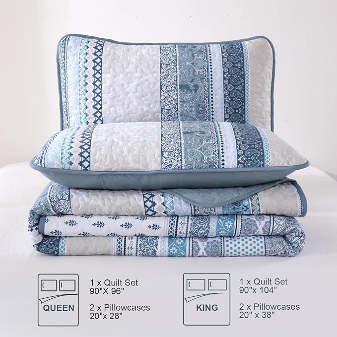 WONGS BEDDING Boho Quilt Set Twin Size, Blue Bohemian 2 Pieces Quilt Sets, Lightweight Bedspread Coverlet Bedding Set for All Season (68"x86")