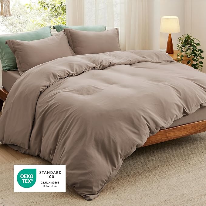 Bedsure California King Size Duvet Cover with Fitted Sheet - 4 Pieces Prewashed Cotton-Like Polyester Extra Soft Bedding Set, Includes 1 Duvet Cover 104''x98'', 2 Pillow Shams, 1 Fitted Sheet, Khaki