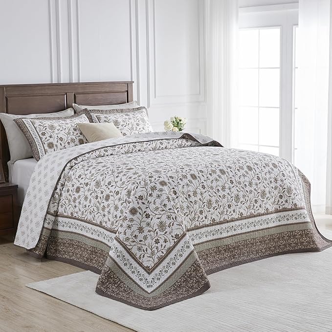 Oversized King Bedspreads 120"x120" - 100% Cotton California King Quilt, Farmhouse Brown Floral Pattern, Extra Large Quilted Coverlet, Lightweight Reversible XL Bedding Set, 3 Pcs