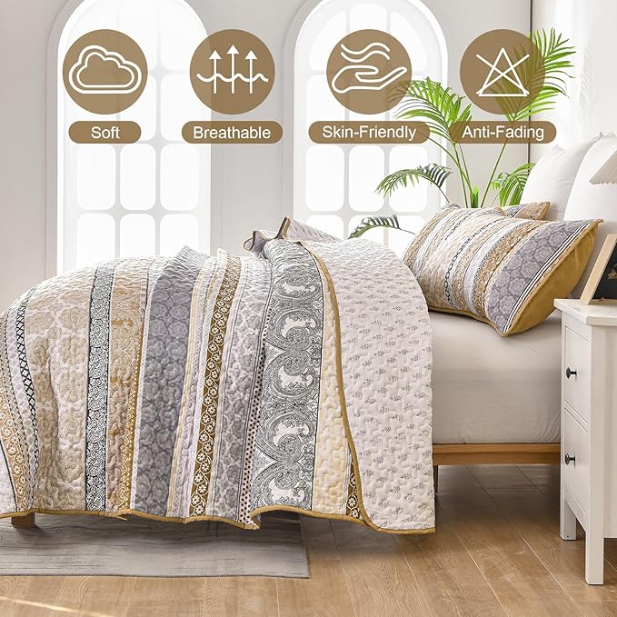 WONGS BEDDING Boho Quilt Set Queen Size, Brown Bohemian 3 Pieces Fall Quilt Sets, Lightweight Bedspread Coverlet Bedding Set for All Season (96"x90")