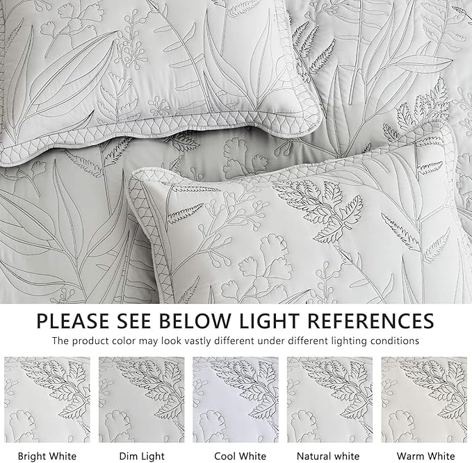 Botanical Oversized Bedspread Queen Size - Leaves Pattern Stitching Quilt Set - Elegant & Fresh Style Bedding Coverlets, Reversible, Lightweight, 5 Piece, Grey