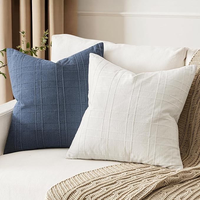 MIULEE Decorative Linen Check Euro Shams Throw Pillow Covers Neutral Farmhouse Vintage Pillow Covers 22x22 Set of 2 Boho Modern Home Decor for Sofa Couch Bedroom Cushion Cream White