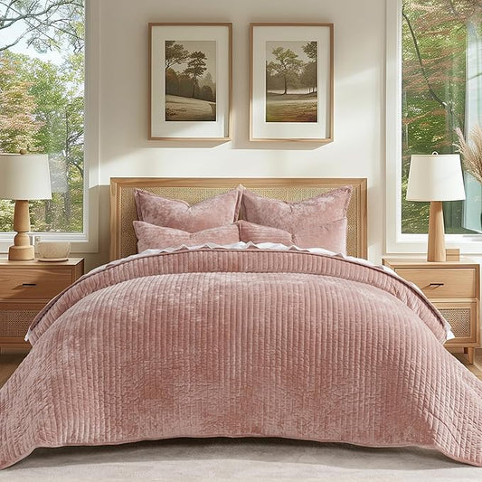 EVERGRACE Velvet Quilt Set Queen Size, Luxurious Soft Striped Channel Bedding Set, Lightweight Velvet Comforter for All Season, Oversized Bedspread Coverlet with 2 Matching Shams, Pink Clay
