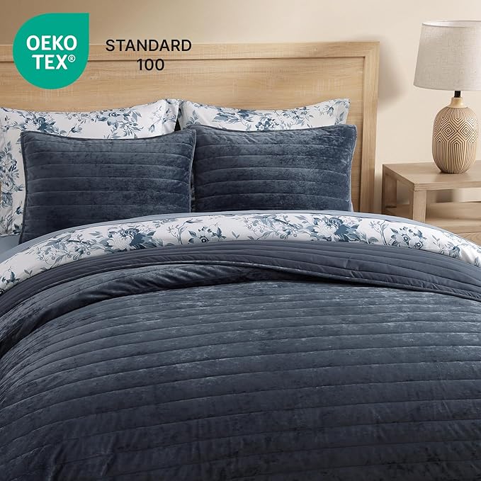 WRENSONGE Velvet Queen Quilt Set-3 Pieces Blue Grey Luxurious Velvet Striped Channel Comforter with 2 Shams, Soft Bedspread Coverlet Quilted Bedding Set for All Season