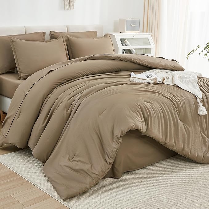 Litanika Queen Comforter Set Taupe - 7 Pieces Bed in a Bag Queen Bedding Comforter Sets, Solid Lightweight Bed Set with Comforter, Sheets, Pillowcases & Shams