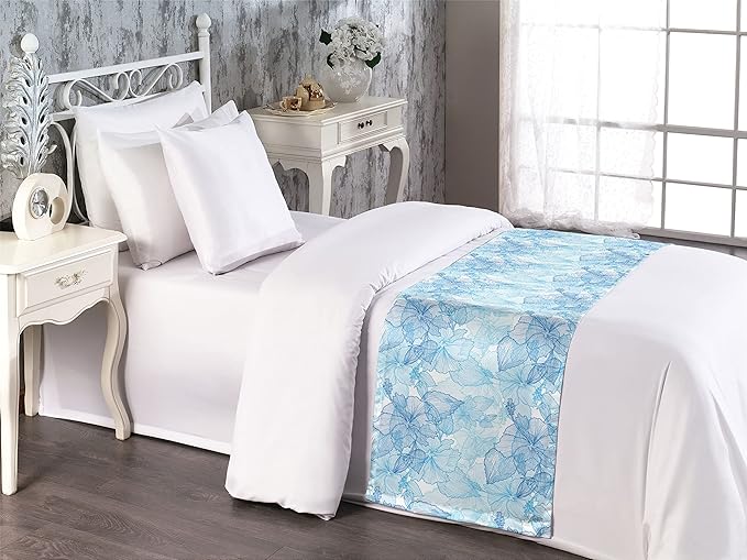 Lunarable Blue and White Bed Runner, Hibiscus Flowers Tropical Foliage Hand Drawn Monotone Design, Decorative Accent Bedding Scarf for Hotels Homes and Guestrooms, Twin, Cobalt Blue