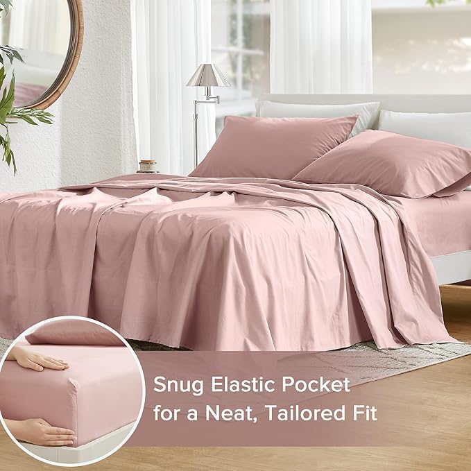 Comfort Spaces 100% Cotton Sheets King, Breathable & Ultra Soft Cotton Sheets, Naturally Cool Cotton Bed Sheets with 14" Elastic Pocket Fits up to 16" Mattress, All Seasons Sheet Set, Pink 4 Piece
