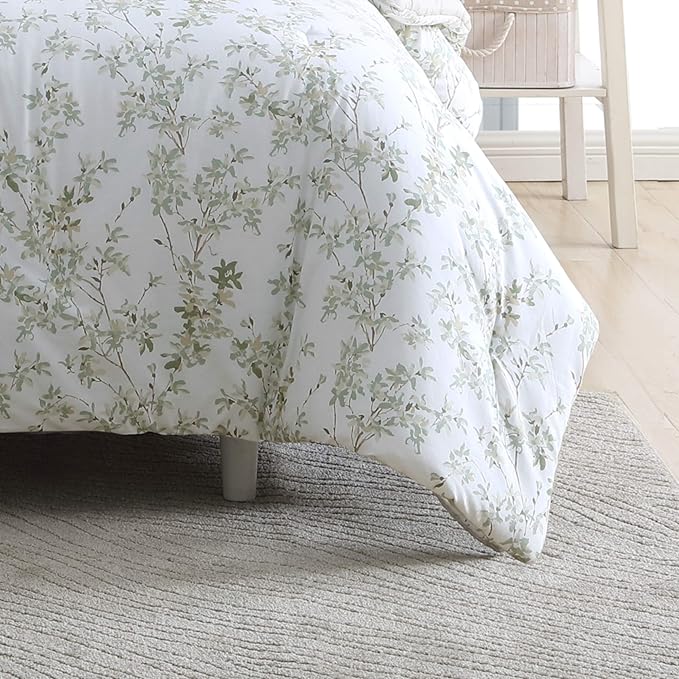 Laura Ashley Home - Queen Comforter Set, Cotton Reversible Bedding, Includes Matching Shams with Bonus Euro Shams & Throw Pillows (Lindy Green, Queen)