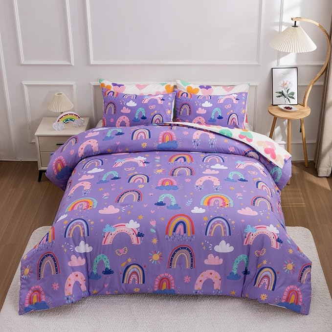 Btargot Lightweight Soft 3 Piece Rainbow Comforter Set with 2 Pillow Covers, Cartoon Love Hearts Flowers and Sun Star Bedding Set for Girls Boys Kids, Full Dark Purple