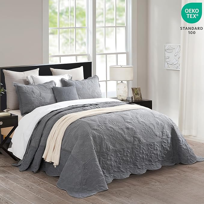HZ & HY Oversized King Bedspread 128x120 Extra Wide, Quilted Coverlet Bedding Set, Lightweight Thin Comforter, Reversible, Luxurious, 5 Piece, 100% Microfiber, Grey