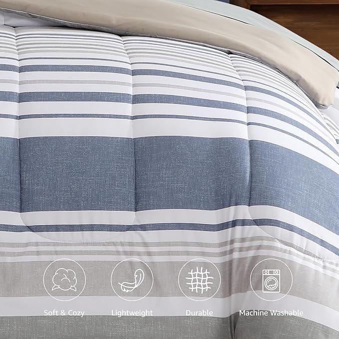 Twin XL Comforter Set Striped, Sea Blue Bedding Set 5 Pieces for Boys Girls Teen, All Season Bed in a Bag for Dorm with Sheets, Pillowcase & Sham