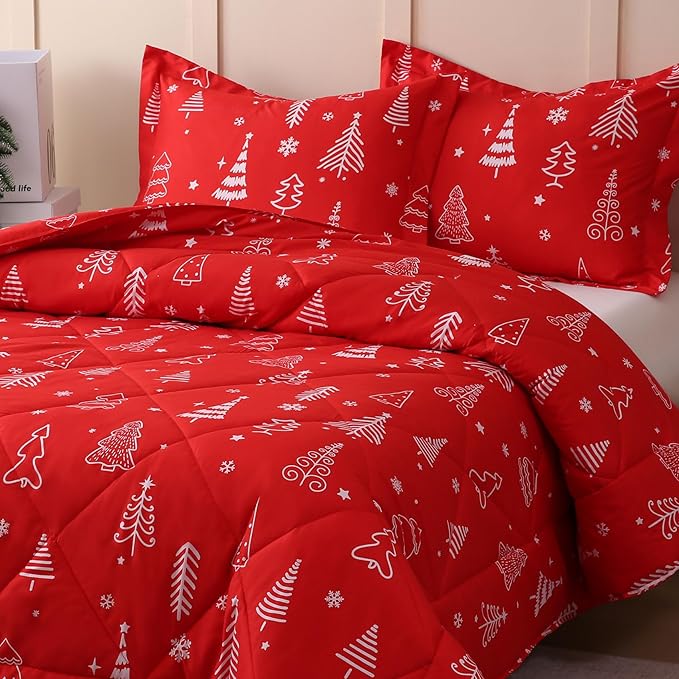 JSD Red Kids Christmas Comforter Set Twin Size, 2 Piece Xmas Tree Printed Microfiber Bedding Set, Machine Washable