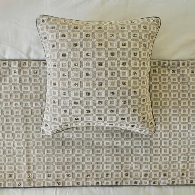 The HomeCentric King/Queen/Twin Grey Designer King 90"x18" Bed Runner Without Pillow Cover, Checkered, Beaded, Hand Embroidery Bed Scarf on Velvet Fabric - The Brick Effect