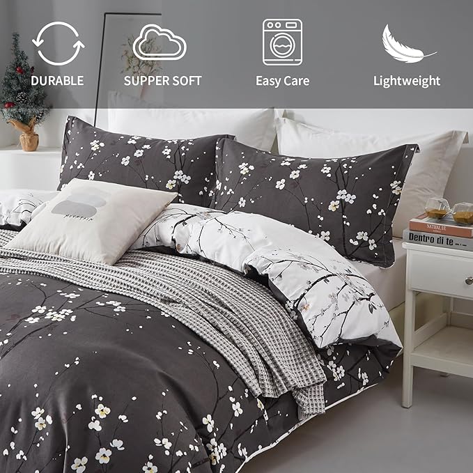 WONGS BEDDING Floral Duvet Cover Set Queen, Dark Grey 3 Pieces Flower Plum Blossom Printed Bedding Set with 2 Pillowcases,Branch Duvet Cover Set Queen Size 90"X90"(Not Comforter)