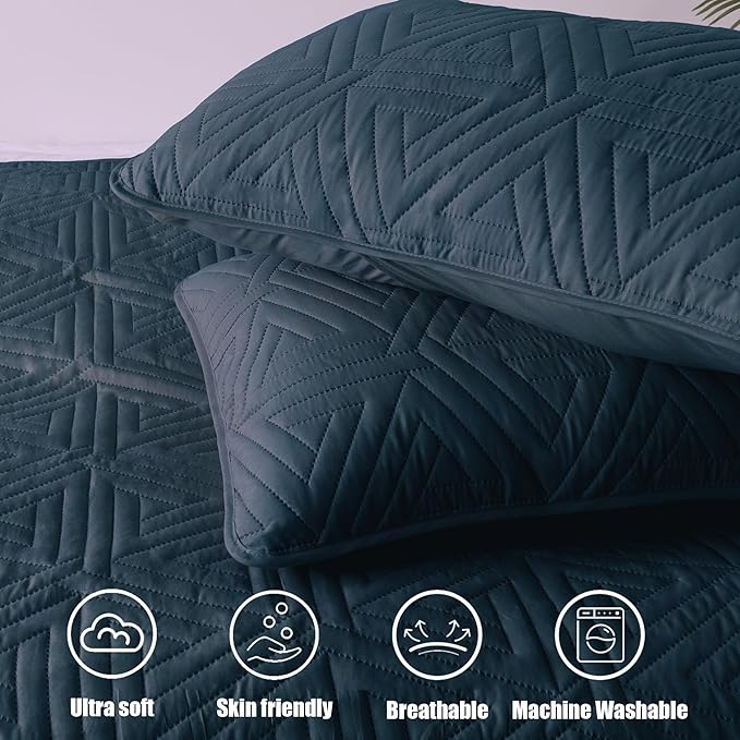 Whale Flotilla Soft Twin Size Quilt Set for All Seasons, 2-Piece Ultrasonic Geometric Quilts Bedding Set, Lightweight Reversible Bedspread, Coverlet, Bed Cover with Pillow Sham, Navy