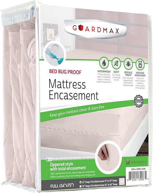 Guardmax Jersey Knitted Full Zippered Mattress Encasement - Waterproof & Bed Bug Proof Mattress Protector - Comfortable, Soft, and Noiseless Zippered Bedding - Dust Mite Proof (54 x 75 x 12)