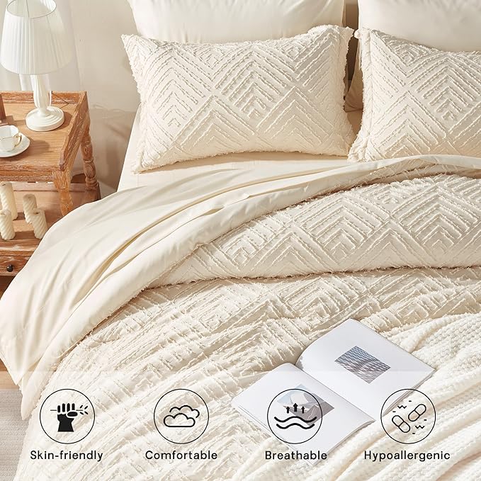 Zzlpp Queen Comforter Set 7 Pieces, Cream Tufted Bed in a Bag with Comforter and Sheets, All Season Boho Bedding Sets with 1 Comforter, 2 Pillow Shams, 2 Pillowcases, 1 Flat Sheet, 1 Fitted Sheet